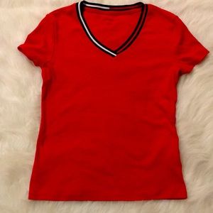 Tommy Hilfiger v neck red t-shirt tee cotton navy blue white red stripe small SM